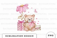 Watercolor Valentine Cute Teddy Bear PNG Product Image 1