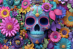 Purple Sugar Skull Blue Flowers Seamless Day of the Dead Art Product Image 1