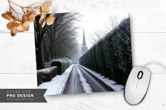 Snowy Cottage with Frosty Trees Mouse Pad PNG Product Image 1
