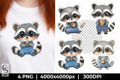 Cute Baby Raccoon in Overalls Clipart Sublimation PNG Product Image 1