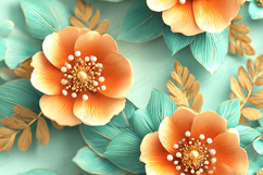 Orange Teal Flowers Gold Leaves Luxury Seamless Texture Product Image 1