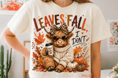 Leaves Fall I Don’t PNG, Highland Cow Fall PNG, Funny Autumn Product Image 1