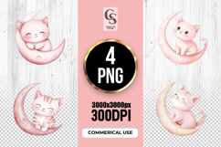 Cute Pink Cat on Moon Clipart Sublimation PNG Product Image 1