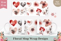 Love Hearts Mug Design, Watercolor Flowers Mug Sublimation Product Image 1