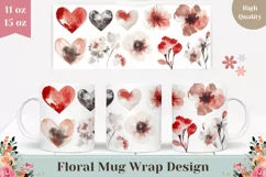 Love Hearts Mug Design, Watercolor Flowers Mug Sublimation Product Image 1