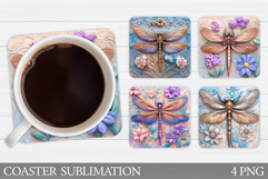 Dragonfly Coaster Design. Flowers Coaster Sublimation Product Image 1