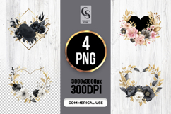 Black Gold Floral Heart Frame Clipart Sublimation PNG Product Image 1