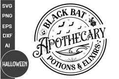 Black Bat Apothecary Round Sign SVG | Farmhouse Halloween Product Image 1