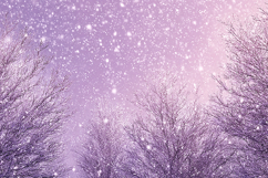 Snowflakes falling gently on bare trees under a purple sky Product Image 1