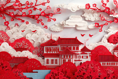 Chinese Paper Cut Art Background Red White Townscape Product Image 1