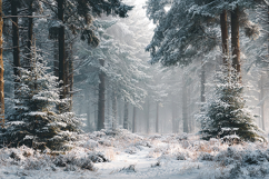 A serene winter forest landscape snow-covered trees misty Product Image 1