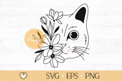 Cat with flowers svg, Cat face svg, Floral cat svg, png Product Image 1