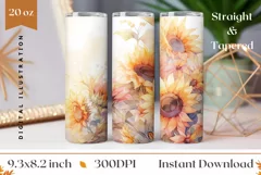 Sunflowers Tumbler Sublimation, Watercolor Sunlowers PNG Product Image 1