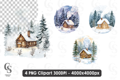 Cozy Winter Cabin in Snowy Forest Clipart Sublimation PNG Product Image 1