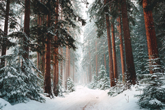 A serene winter landscape with a snow-covered forest path Product Image 1