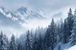 Snow-covered evergreen trees in a misty mountain forest land Product Image 1