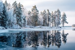 Blue Winter Lake Landscape - Frosted Pine Forest Reflection Product Image 1