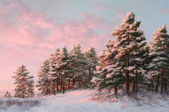 A serene winter landscape with snow- pine trees at sunset Product Image 1