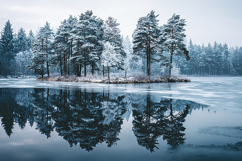 A serene winter landscape with snow-covered trees reflected Product Image 1