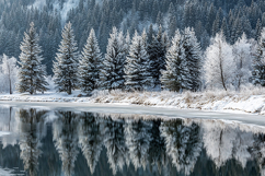 Frozen Lake Winter Landscape - Snowy Pine Trees Reflection Product Image 1