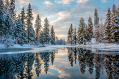 A serene winter landscape with snow-covered trees reflected Product Image 1