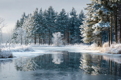 A serene winter landscape with a frozen lake and snow Product Image 1