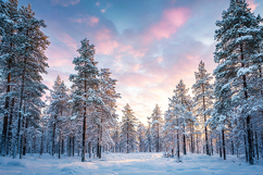 A serene winter landscape with snow-covered pine trees Product Image 1