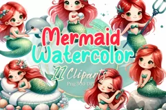 11 Cute Mermaid Cartoon Watercolor Cliparts Product Image 1
