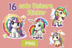 digital sticker set of 16 cute Unicorns stickers PNG Product Image 1