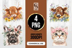 Floral Farm Animal Portrait Clipart Sublimation PNG Product Image 1