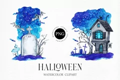 Grave and old house in the cemetery. Watercolor PNG clipart Product Image 1