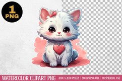 Watercolor Cute Cat Valentine Day Clipart PNG Product Image 1
