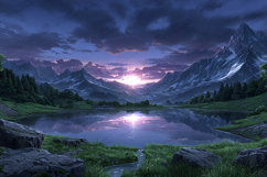 Mountain Lake Sunset Landscape Digital Art Scenic View Product Image 1