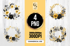 Gold Black Floral Wreath Clipart Sublimation PNG Product Image 1