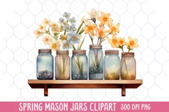 Flower Mason Jar Clipart, Watercolor Mason Jar Sublimation Product Image 1