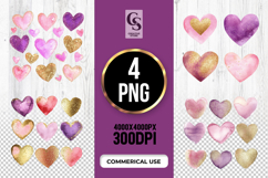 Watercolor Hearts Clipart Gold and Purple PNG Product Image 1