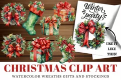 Christmas Clip Art Watercolor Wreath Gifts Holiday Stockings Product Image 1
