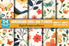 Handdrawn Birds And Flowers Patterns Digital Paper Backgroun Product Image 2