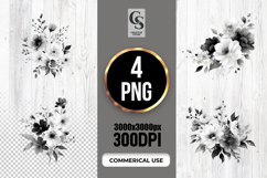 Black White Floral Bouquet Watercolor Clipart PNG Product Image 1