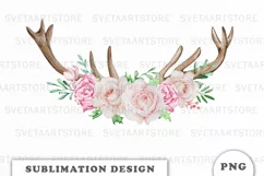 Watercolor Floral deer antlers sublimation design Product Image 1