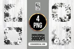 Black White Floral Square Wreath Clipart Sublimation PNG Product Image 1