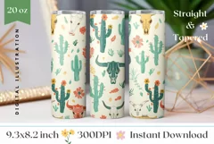 Western Cow Skull Tumbler Wrap, Cactus Sublimation Design Product Image 1