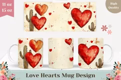 Red Hearts Mug Design, Watercolor Love Hearts Mug Wrap Product Image 1