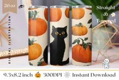 Cartoon Black Cat Tumbler Design, Halloween Pumpkins PNG Product Image 1