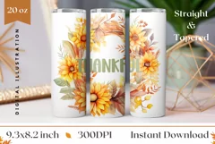 Thankful Tumbler Wrap Design, Sunflower Wreath Sublimation Product Image 1