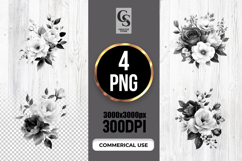 Black White Floral Bouquet Clipart Sublimation PNG Product Image 1