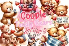 20 Teddy bears couple Valentine watercolor clipart Product Image 1