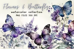 Purple Flowers Butterfly Watercolor Clipart Product Image 1