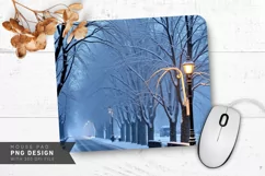 Snowy Street with Glowing Street Lamps Mouse Pad PNG Product Image 1