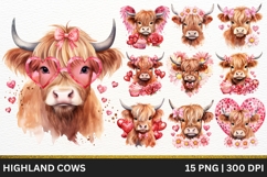 Cute Valentine Highland Cow Clipart PNG with Hearts, Flowers Product Image 1